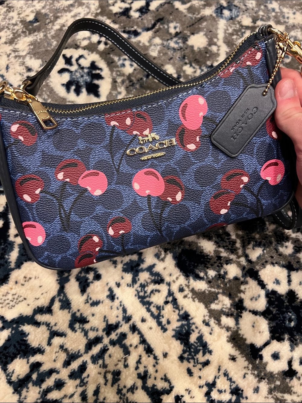 Coach Navy Cherry Print Mini Shoulder Bag with Pink Accents
